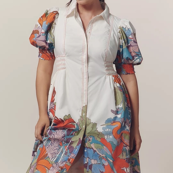 NWT MAEVE ANTHROPOLOGIE Multicolor Floral Puff Sleeve Smocked Shirt Dress - Picture 2 of 7